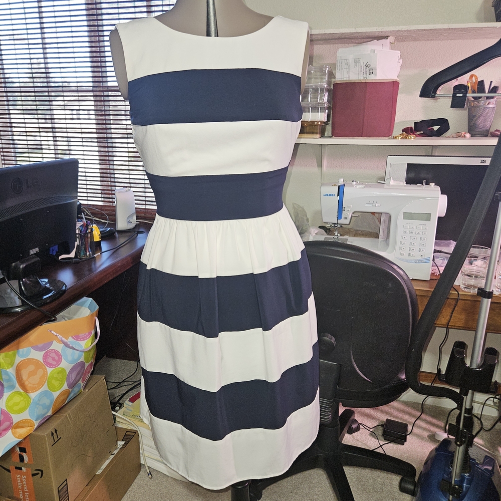 dressbarn Navy and White Striped Midi Dress